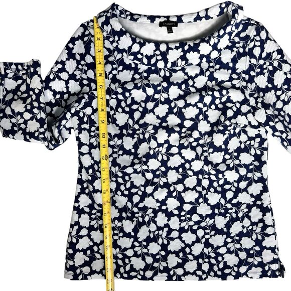 Talbots Navy Blue White Floral Top Women's Small Knit Blouse Cottagecore Flowers - Picture 11 of 14